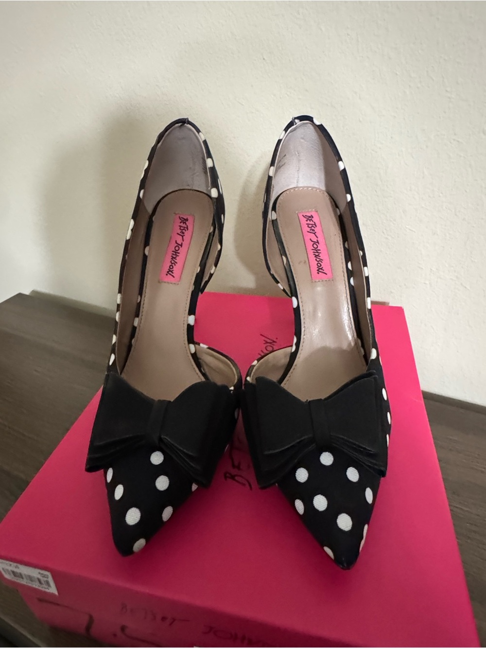 Betsey Johnson Black and White Polka Dot Pointed Toe Pumps with Bow